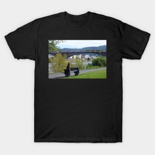 Girl Sitting On A Bench In Cochem, Germany T-Shirt